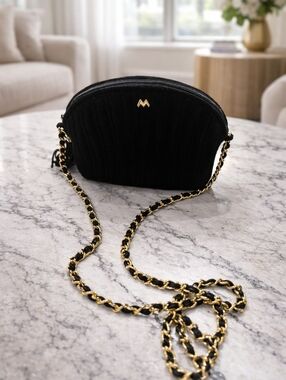 Black Velvet Crossbody Bag with Gold Chain